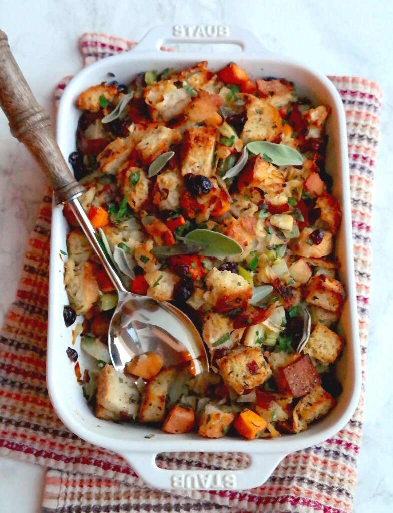 Simple Herb Stuffing with Pancetta and Persimmons